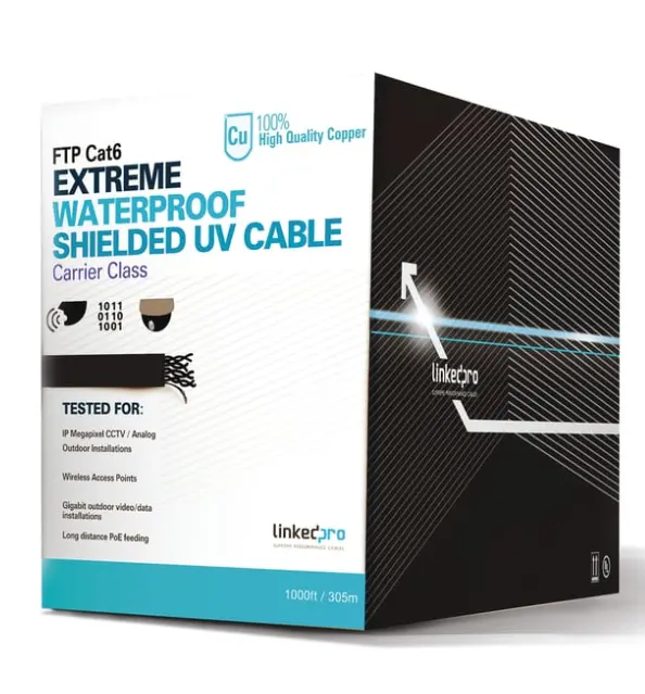 Bobina de cable 305 Metros Cat6+ CALIBRE 23, Climas EXTREMOS, Color negro, sin blindar, para intemperie.